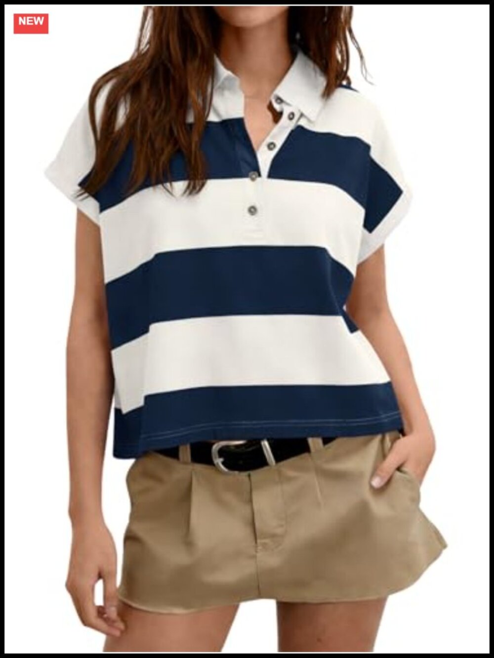 Women's Short Sleeve Rugby Polo Shirt Striped Collared Button Top